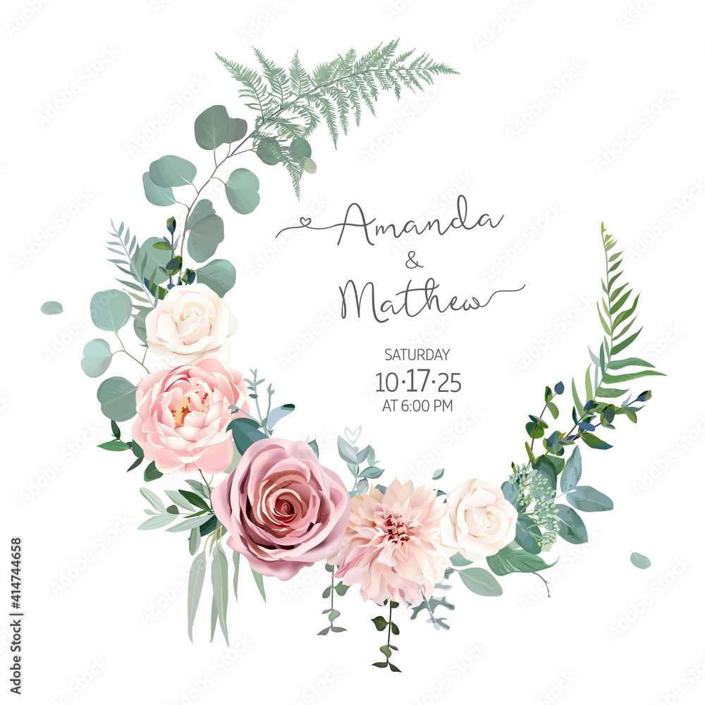 Greenery, pink and white peony, rose flowers vector design round invitation frame