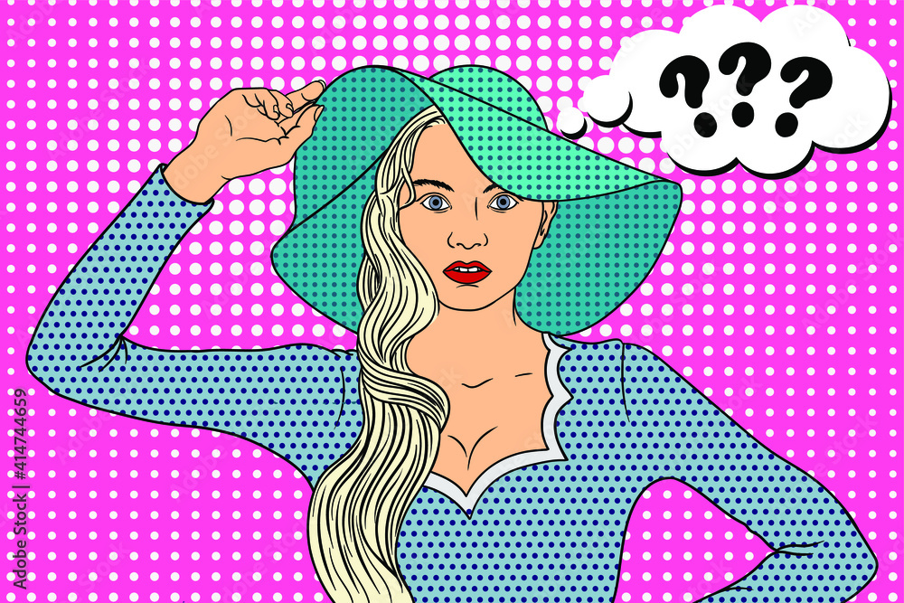 A young beautiful girl in a brimmed hat looks questioningly. Illustration in pin-up style. A young beautiful girl in a brimmed hat looks questioningly. Illustration in pin-up style.