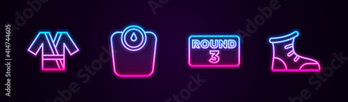 Set line Japanese costume Kimono  Bathroom scales  Boxing ring board and Sport boxing shoes. Glowing neon icon. Vector.