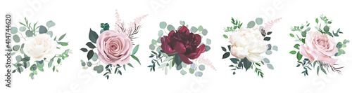 Greenery, burgundy red and white peony, blush rose flowers vector