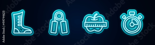 Set line Sport boxing shoes, expander, Apple measuring tape and Stopwatch. Glowing neon icon. Vector.