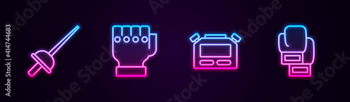 Set line Fencing, MMA glove, Stopwatch and Boxing. Glowing neon icon. Vector.