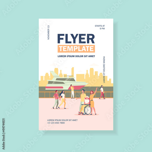 People enjoying vacation and walking by sea or river, waving hello at boat. Flat vector illustration for tourists, seaside, quay, leisure time in summer concept