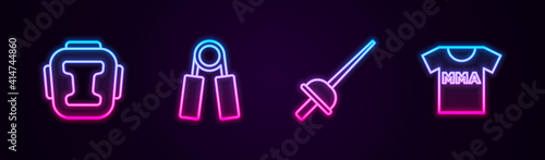 Set line Boxing helmet, Sport expander, Fencing and T-shirt with fight club MMA. Glowing neon icon. Vector.