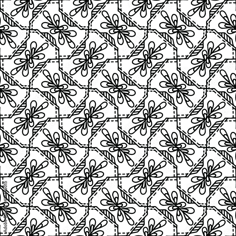 seamless pattern drawn with ornaments and abstract flowers on a white background, vector, black and white, mosaic