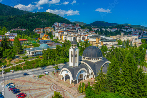 Aerial view of Church of Saint Vissarion Smolenski and planetarium in Smolyan, Bulgaria photo