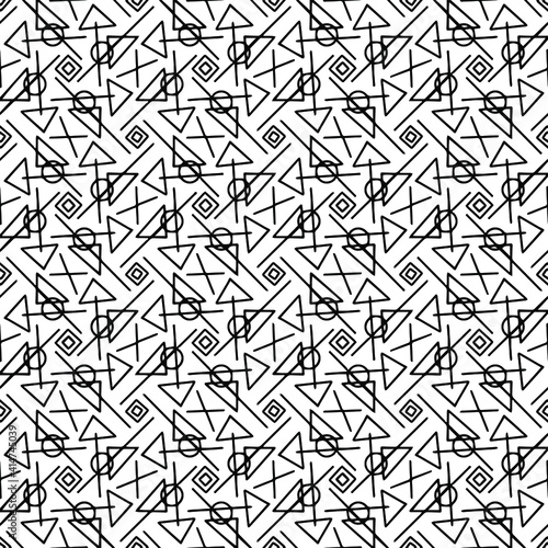 seamless mosaic drawn with triangles and circles on a white background, vector, black and white