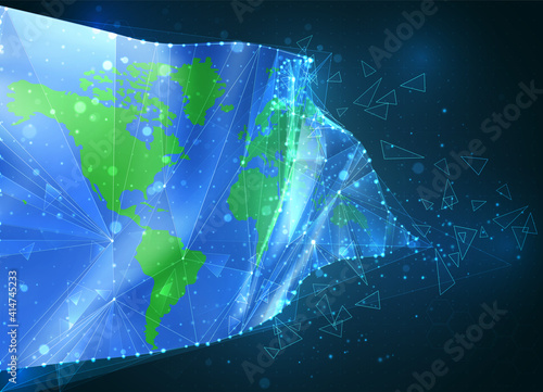 Earth protection vector flag, virtual abstract 3D object from triangular polygons on a blue background