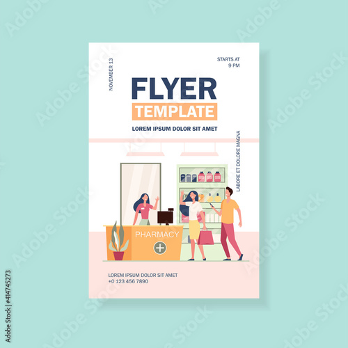 Customers and pharmacist in pharmacy store. People buying medication in drugstore. Flat vector illustration for service, treatment, pharmaceutics concept