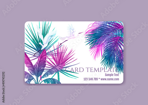 Plastic debit or credit, pass, discount, membership card template with tropical plants and birds in neon color on white background. Vector illustration.