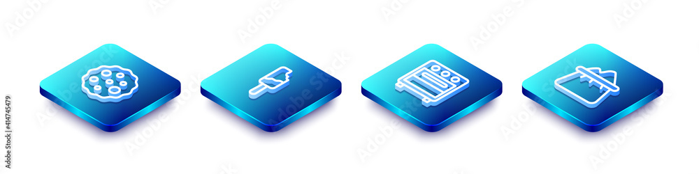 Set Isometric line Cookie or biscuit, Ice cream, Oven and Bag of flour icon. Vector. Set Isometric line Cookie or biscuit, Ice cream, Oven and Bag of flour icon. Vector.