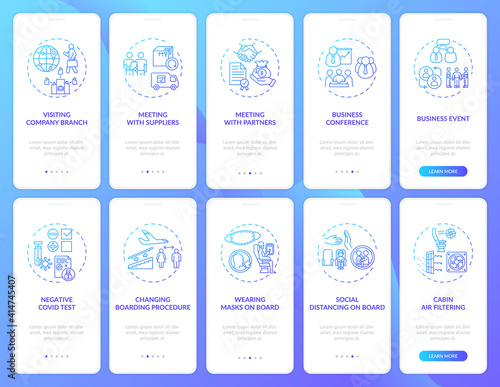 Business travel trends onboarding mobile app page screen with concepts. Meeting with suppliers walkthrough 10 steps graphic instructions. UI vector template with RGB color illustrations