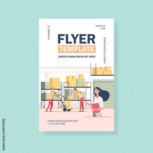 Staff working in logistic storage isolated flat vector illustration. Cartoon stockroom workers and loaders taking boxes from cargo pallet in stockroom. Delivery service and warehouse interior concept