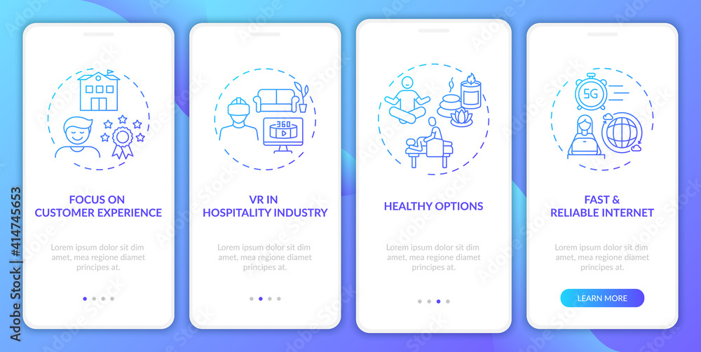 Business travel trends onboarding mobile app page screen with concepts. Reliable and fast internet walkthrough 4 steps graphic instructions. UI vector template with RGB color illustrations