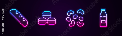 Set line French baguette bread, Macaron cookie, Jelly candy and Bottle with milk. Glowing neon icon. Vector.