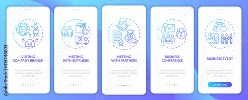 Business travel types onboarding mobile app page screen with concepts. Business event walkthrough 5 steps graphic instructions. Meeting with partners. UI vector template with RGB color illustrations