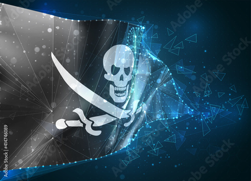 3d vector mesh flag of a pirate skull on a black, virtual abstract 3D object from triangular polygons on a blue background