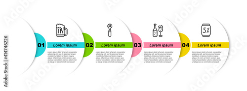 Set line Wooden beer mug, Bottle opener, Beer bottle and glass and can. Business infographic template. Vector.