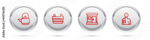 Set line Kettle with handle, Sauna bucket, wooden bathhouse and Man in the sauna. Silver circle button. Vector.