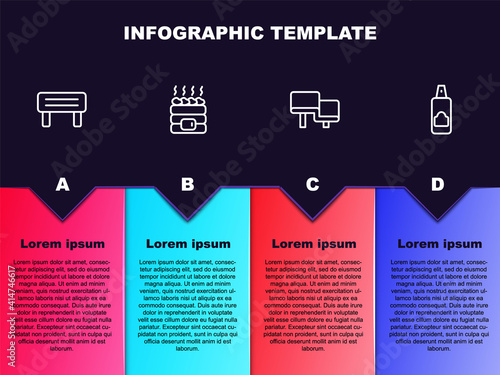 Set line Sauna wood bench, Hot sauna stones, and Spray can for hairspray. Business infographic template. Vector.