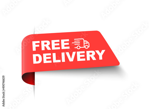 Vector free delivery business sale label tag with truck and text. Free delivery banner ribbon template