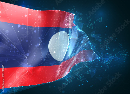 Laos   vector flag  virtual abstract 3D object from triangular polygons on a blue background