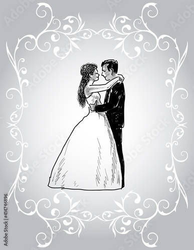 Vector decorative card with happy newlyweds in ornamental frame