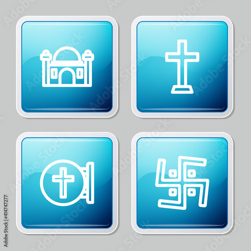Set line Muslim Mosque, Christian cross, and Hindu swastika icon. Vector.