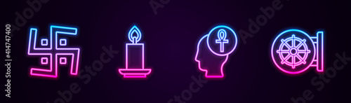 Set line Hindu swastika, Burning candle, Cross ankh and Dharma wheel. Glowing neon icon. Vector.