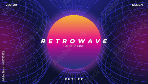 Background Landscape 80s Styled. Synthwave, retrowave, cyber neon with copy space.