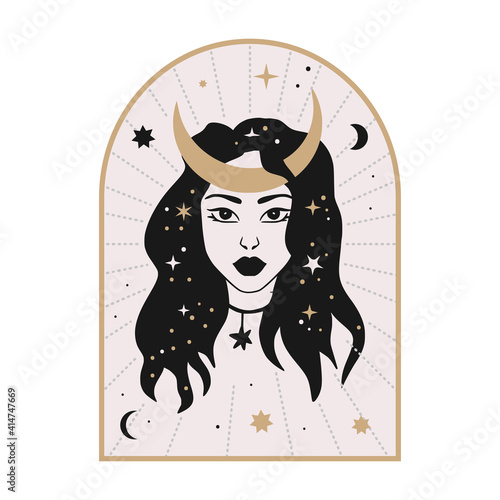 Celestial woman vector illustration with moon and stars. Astrology esoteric boho art. Mystic astronomy girl card. Vintage isolated portrait. 
