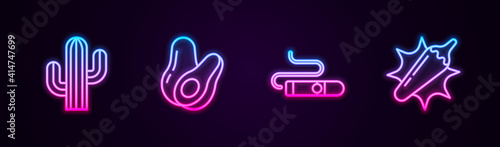Set line Cactus, Avocado fruit, Cigar and Hot chili pepper pod. Glowing neon icon. Vector.