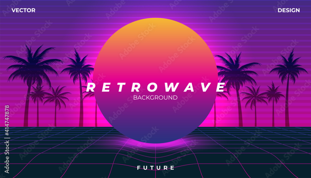 Naklejka premium Background Palm tree Landscape 80s Styled. Synthwave, retrowave, cyber neon with copy space.