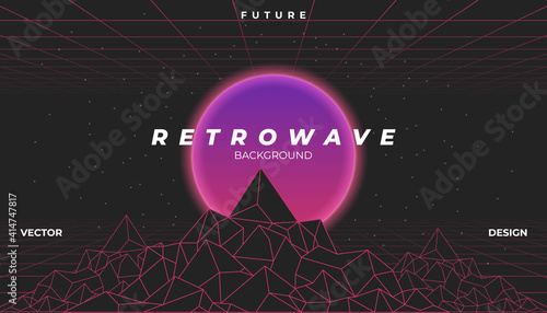 Background Landscape 80s Styled. Synthwave, retrowave, cyber neon with copy space.