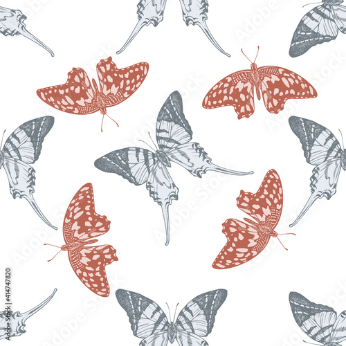 Seamless pattern with hand drawn pastel giant swordtail, lemon butterfly photo