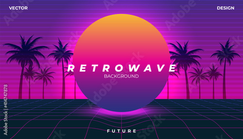 Background Palm tree Landscape 80s Styled. Synthwave, retrowave, cyber neon with copy space.
