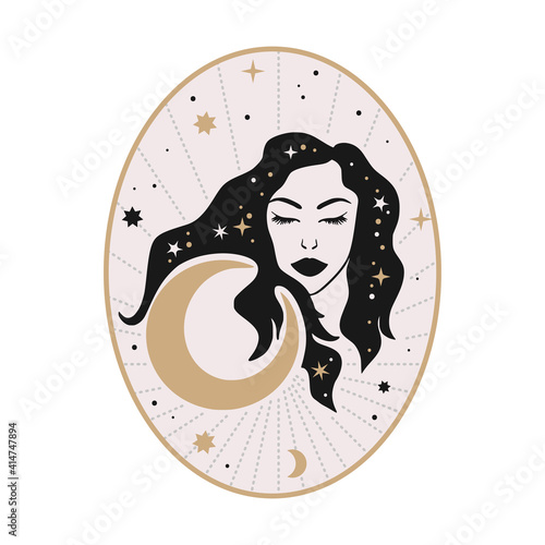 Celestial woman vector illustration with moon and stars. Astrology esoteric boho art. Mystic astronomy girl card. Vintage isolated portrait. 
