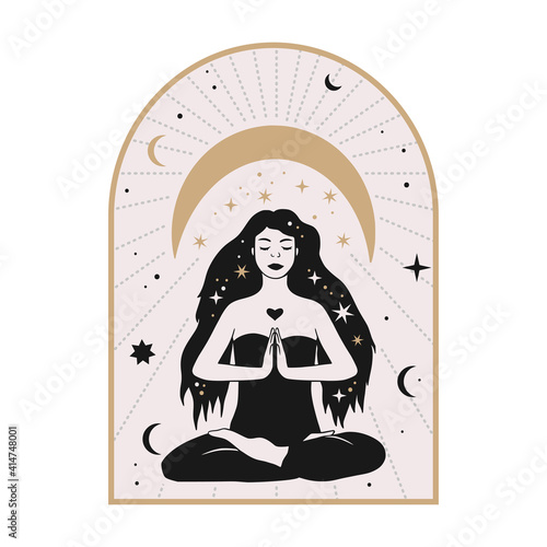 Celestial woman vector illustration with moon and stars. Astrology esoteric boho art. Mystic astronomy girl card. Vintage isolated portrait. 