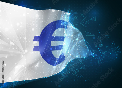 euro currency vector flag, virtual abstract 3D object from triangular polygons on a blue background