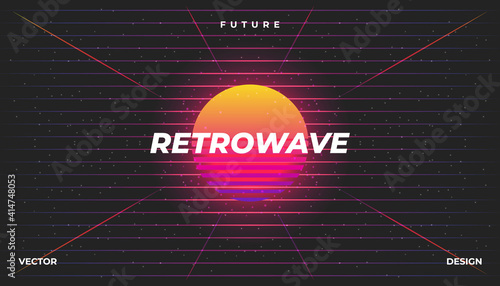Background Landscape 80s Styled. Synthwave, retrowave, cyber neon with copy space.