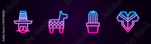 Set line Mexican man sombrero, Pinata, Cactus or succulent pot and Poncho. Glowing neon icon. Vector.