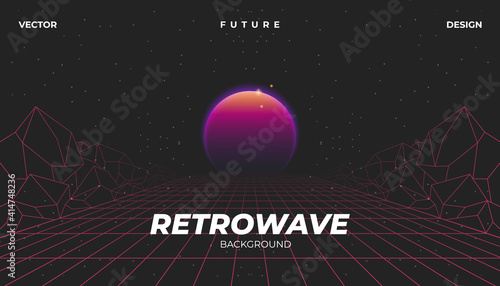 Background Landscape 80s Styled. Synthwave, retrowave, cyber neon with copy space.