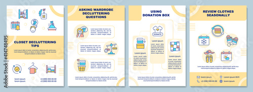 Closet decluttering tips brochure template. Decluttering questions. Flyer, booklet, leaflet print, cover design with linear icons. Vector layouts for magazines, annual reports, advertising posters