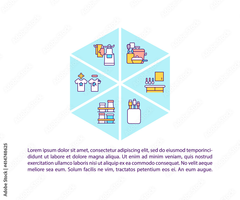 Fototapeta premium Decluttering tips concept icon with text. Start house clearing routine. Throwing out room trash. PPT page vector template. Brochure, magazine, booklet design element with linear illustrations