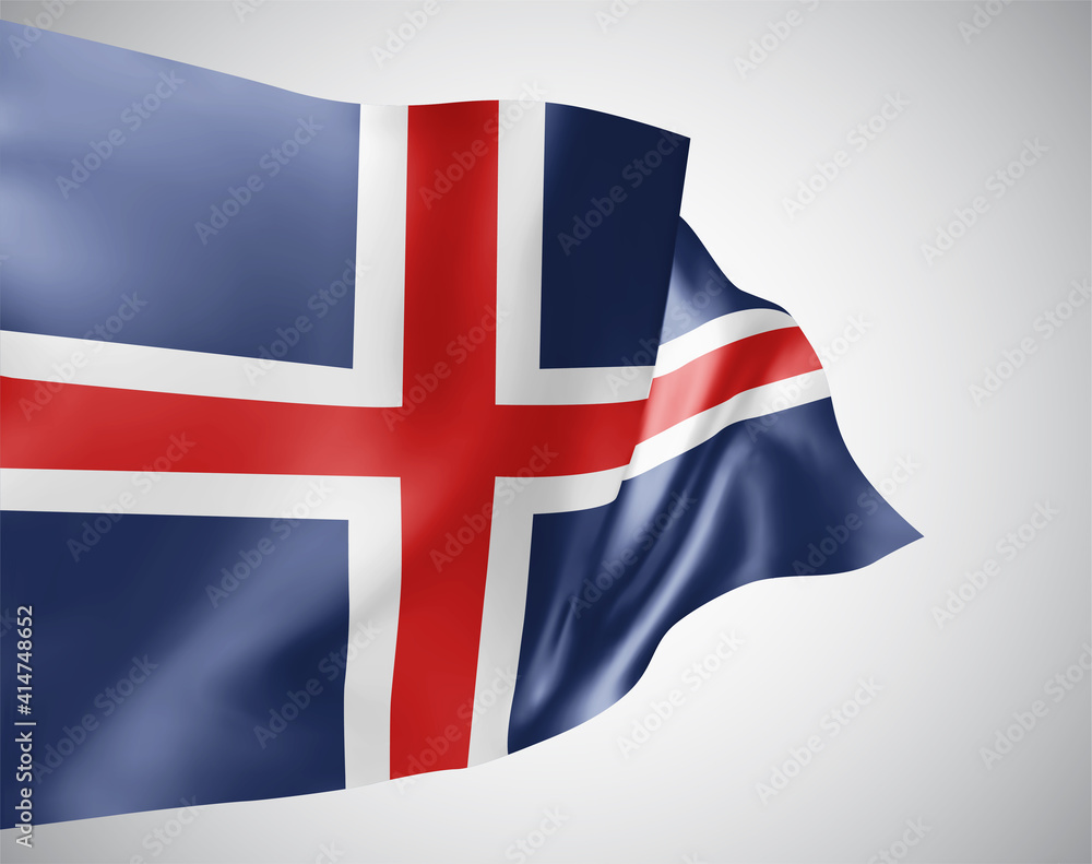 Fototapeta premium Iceland, vector flag with waves and bends waving in the wind on a white background.