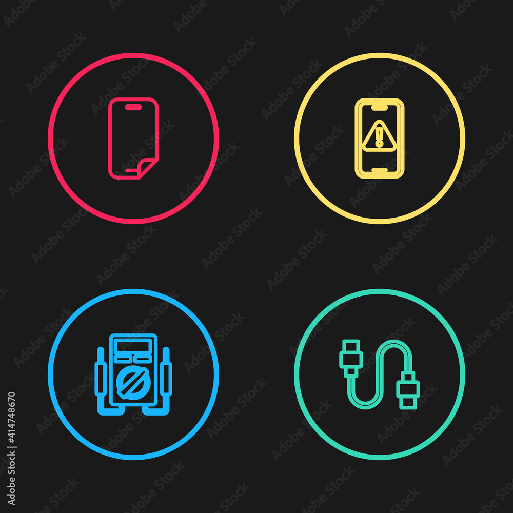 Set line Multimeter, USB cable cord, Mobile with exclamation mark and Glass screen protector icon. Vector. Set line Multimeter, USB cable cord, Mobile with exclamation mark and Glass screen protector icon. Vector.