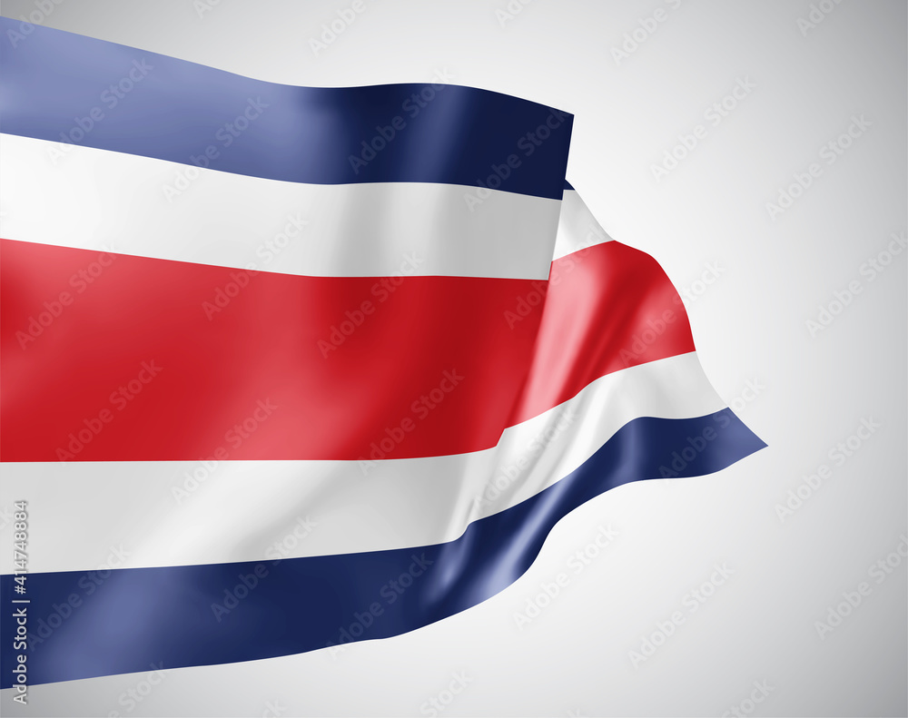 Fototapeta premium Costa Rica, vector flag with waves and bends waving in the wind on a white background.