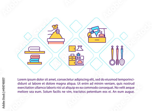Decluttering tips concept icon with text. Clear out your house medicine cabinet from unused items. PPT page vector template. Brochure, magazine, booklet design element with linear illustrations