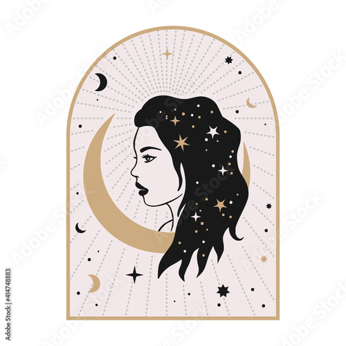 Celestial woman vector illustration with moon and stars. Astrology esoteric boho art. Mystic astronomy girl card. Vintage isolated portrait. 