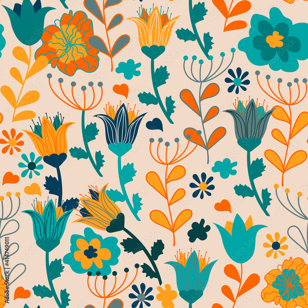 Floral design, vector. Summer nature background with cute colorful flowers. Use for fabric, wallpaper and more Floral design, vector. Summer nature background with cute colorful flowers. Use for fabric, wallpaper and more